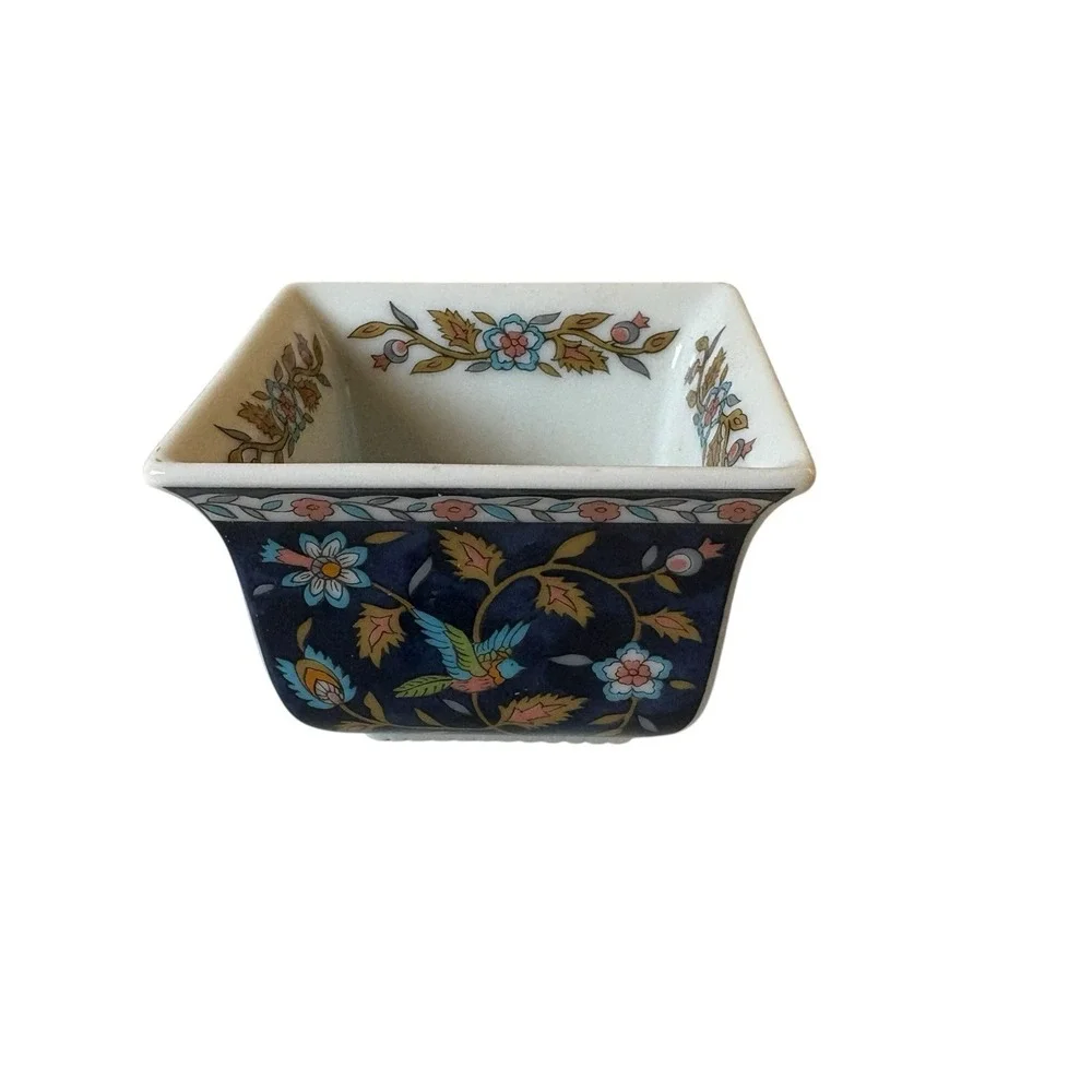 Takahashi Silk Road Hand Painted Porcelain Bowl Blue Floral Birds 1983 Square